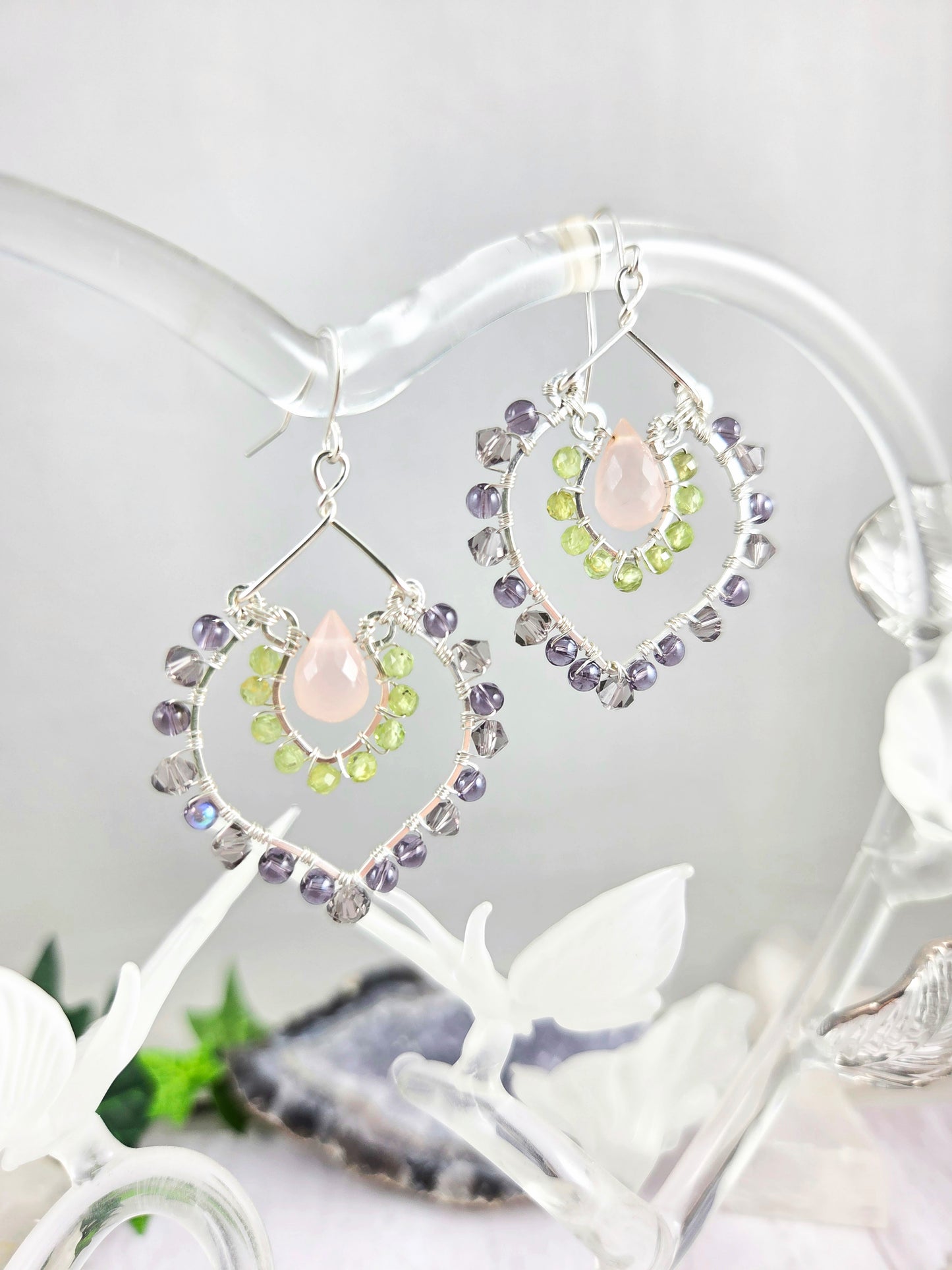 Pink Chaldedony, Peridot and Purple Wrapped Double Row Chandelier Earrings