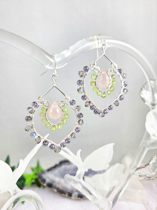 Pink Chaldedony, Peridot and Purple Wrapped Double Row Chandelier Earrings