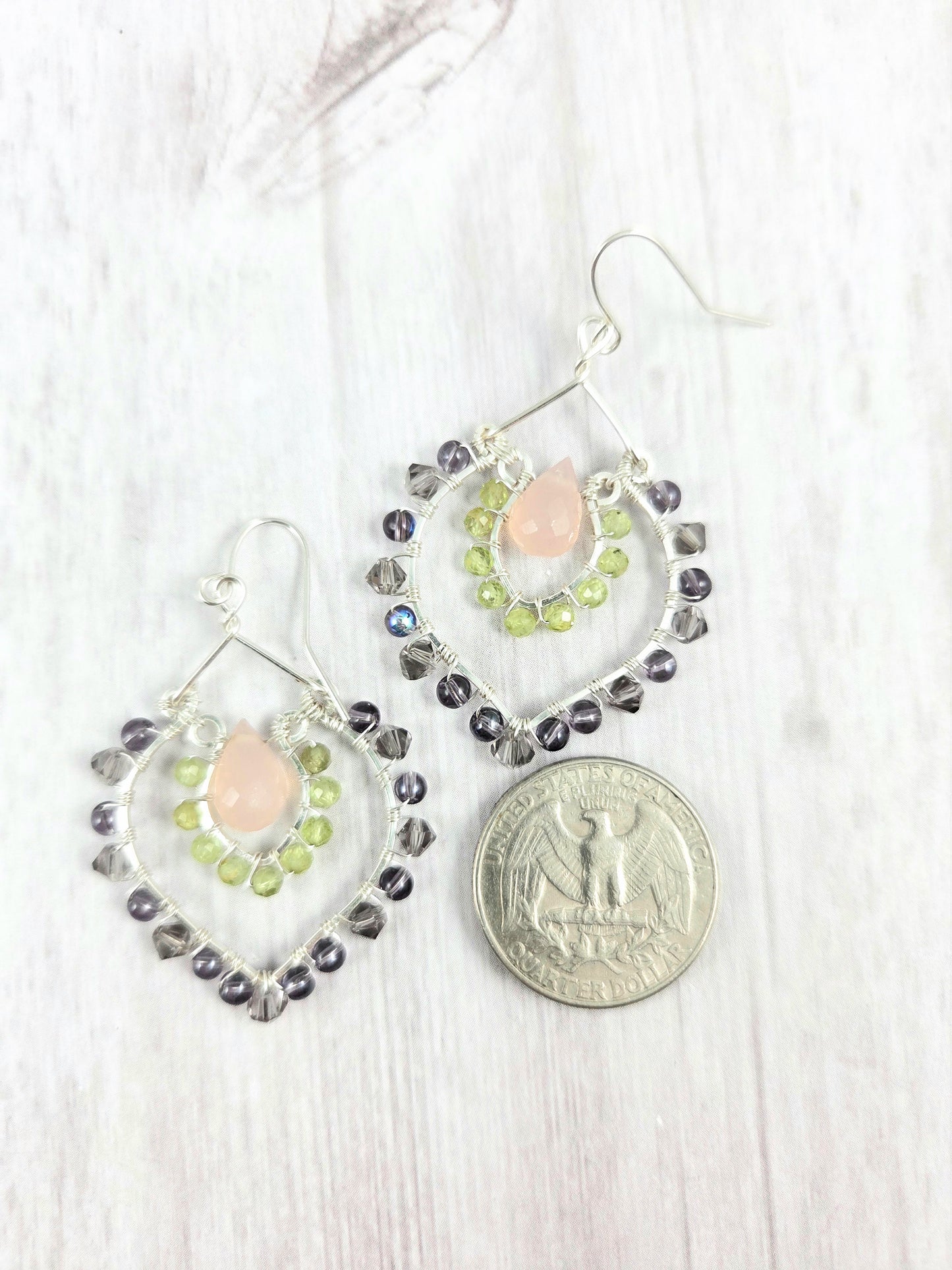 Pink Chaldedony, Peridot and Purple Wrapped Double Row Chandelier Earrings
