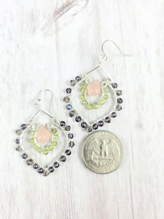 Pink Chaldedony, Peridot and Purple Wrapped Double Row Chandelier Earrings