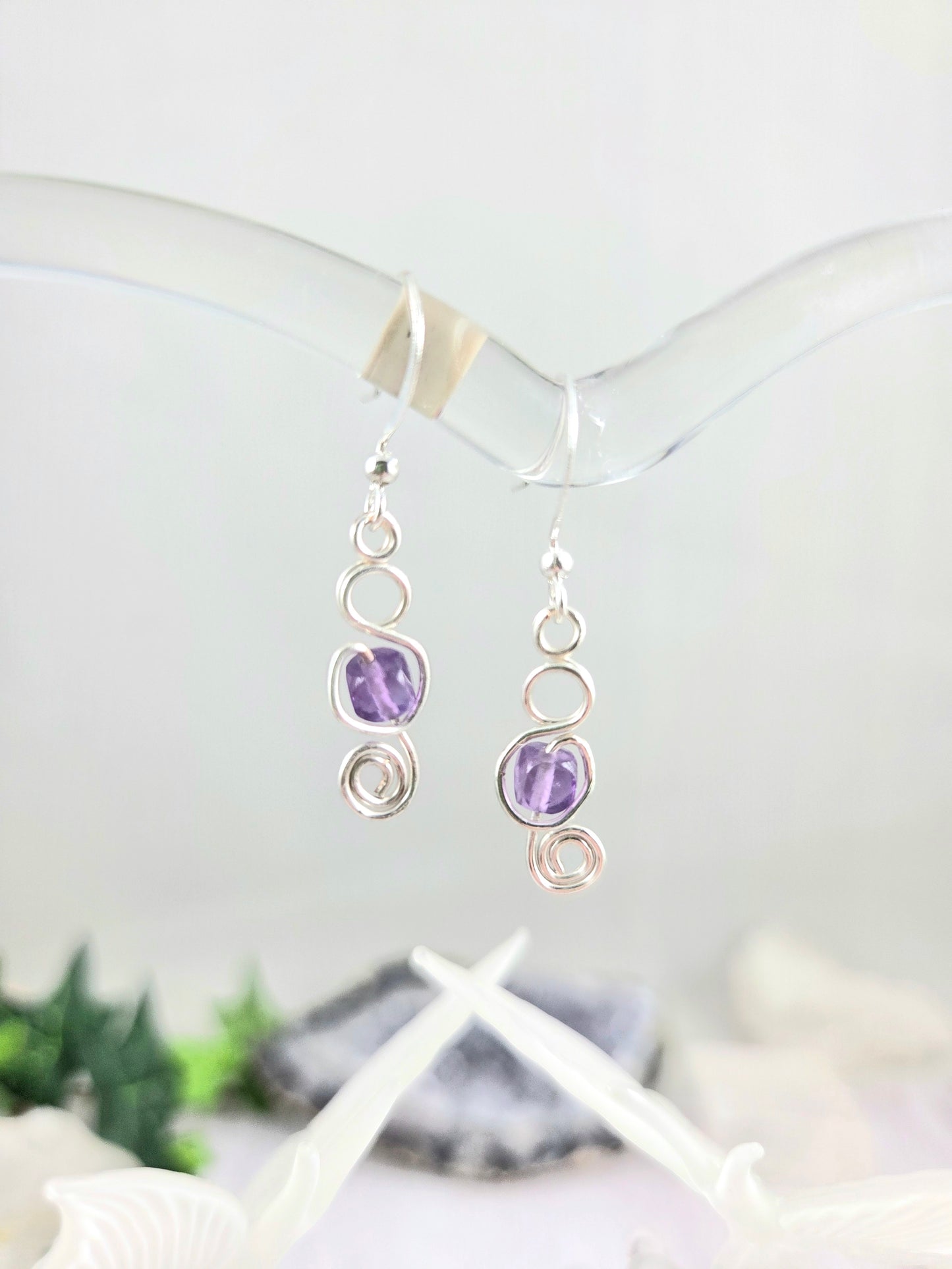 Silver Scroll Wire Earrings with Purple Fluorite Accent
