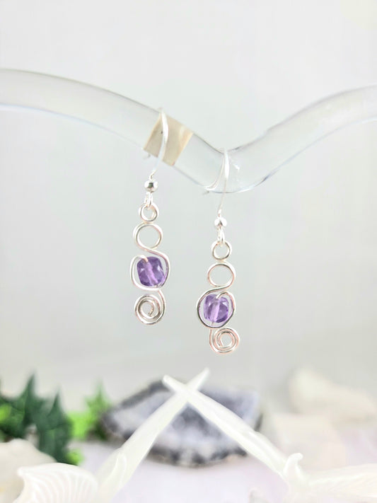 Silver Scroll Wire Earrings with Purple Fluorite Accent