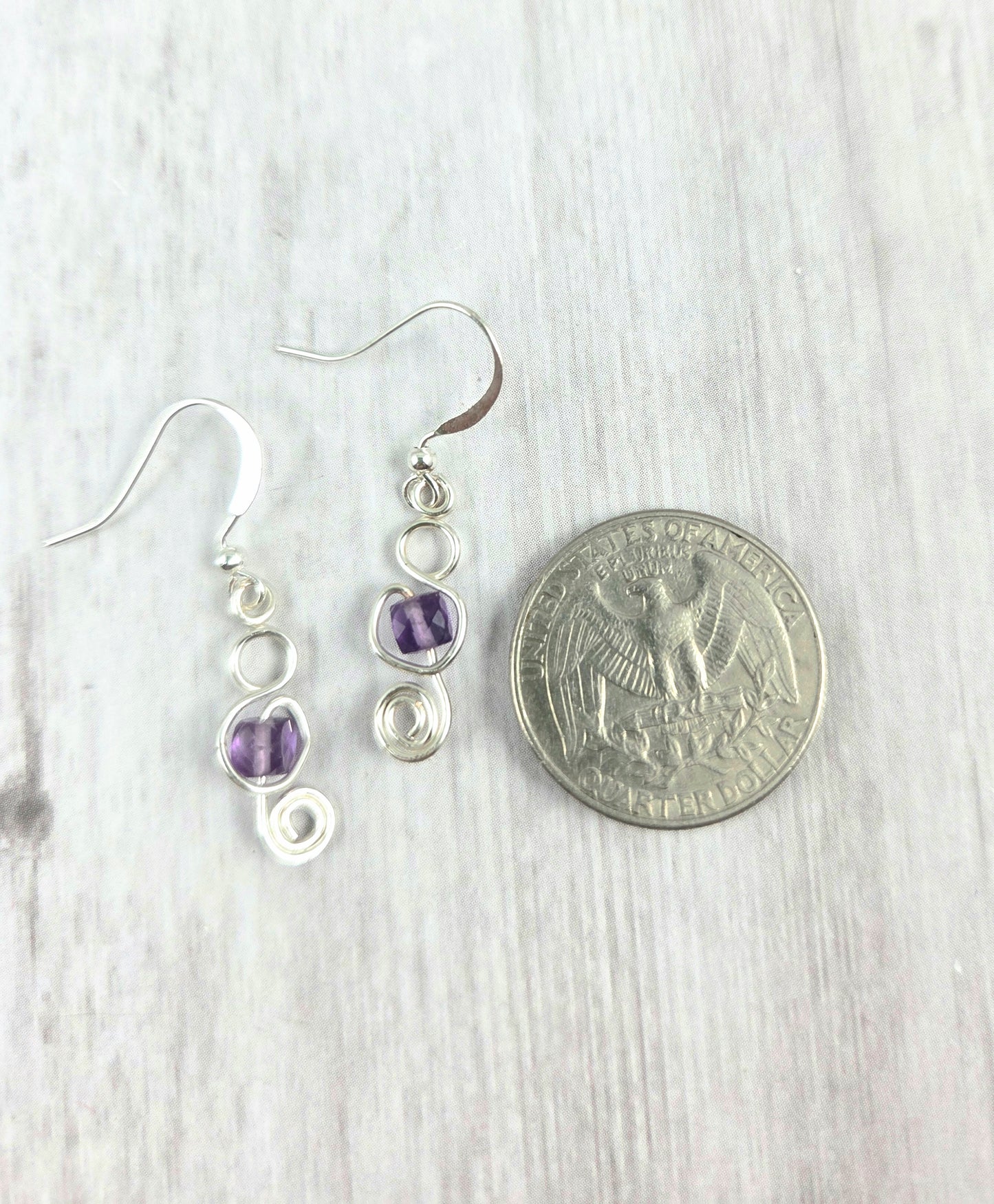 Silver Scroll Wire Earrings with Purple Fluorite Accent
