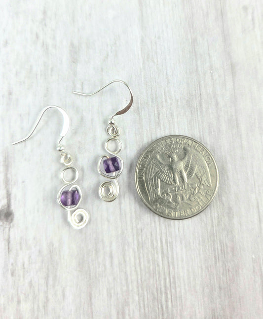 Silver Scroll Wire Earrings with Purple Fluorite Accent