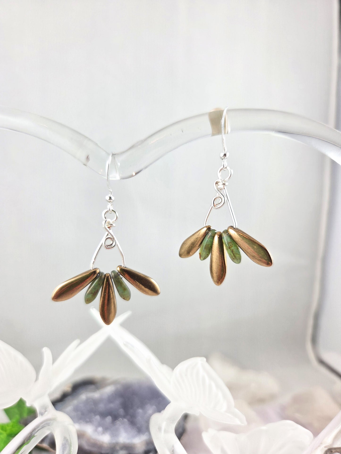 Czech Glass Dagger Green & Bronze Dangle Earrings