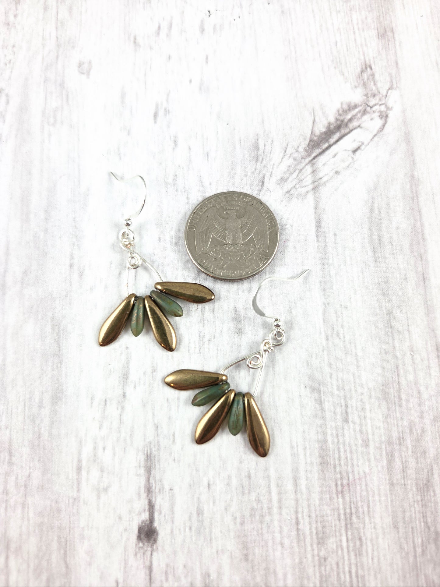 Czech Glass Dagger Green & Bronze Dangle Earrings
