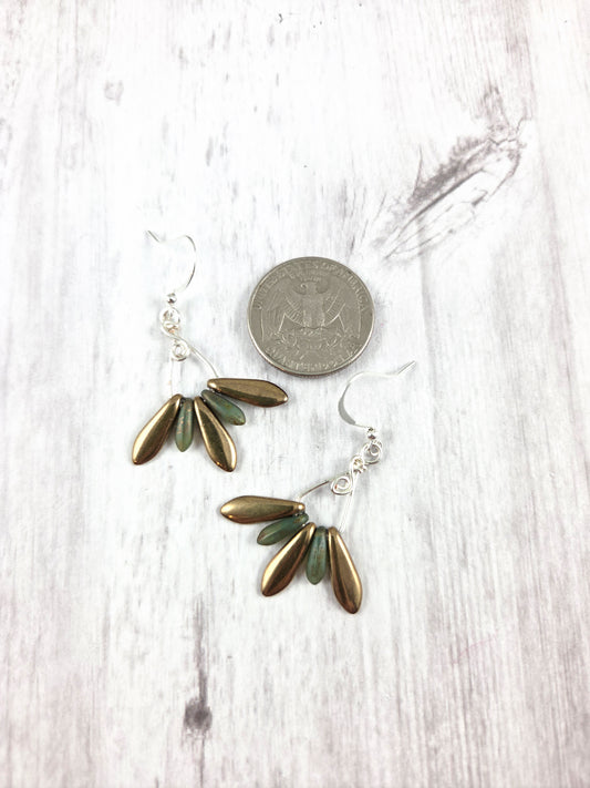 Czech Glass Dagger Green & Bronze Dangle Earrings