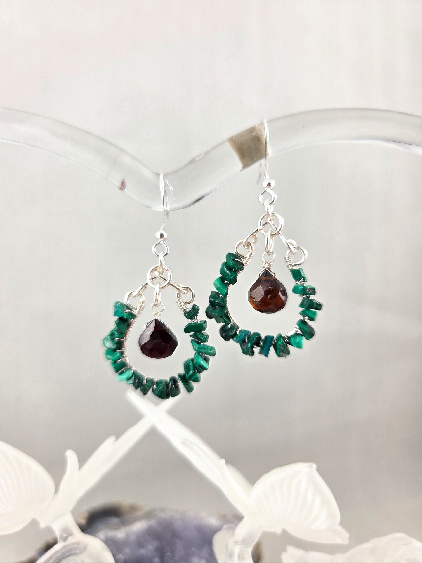 Malachite Chip and Garnet Briolette Wrapped Chandelier Earrings