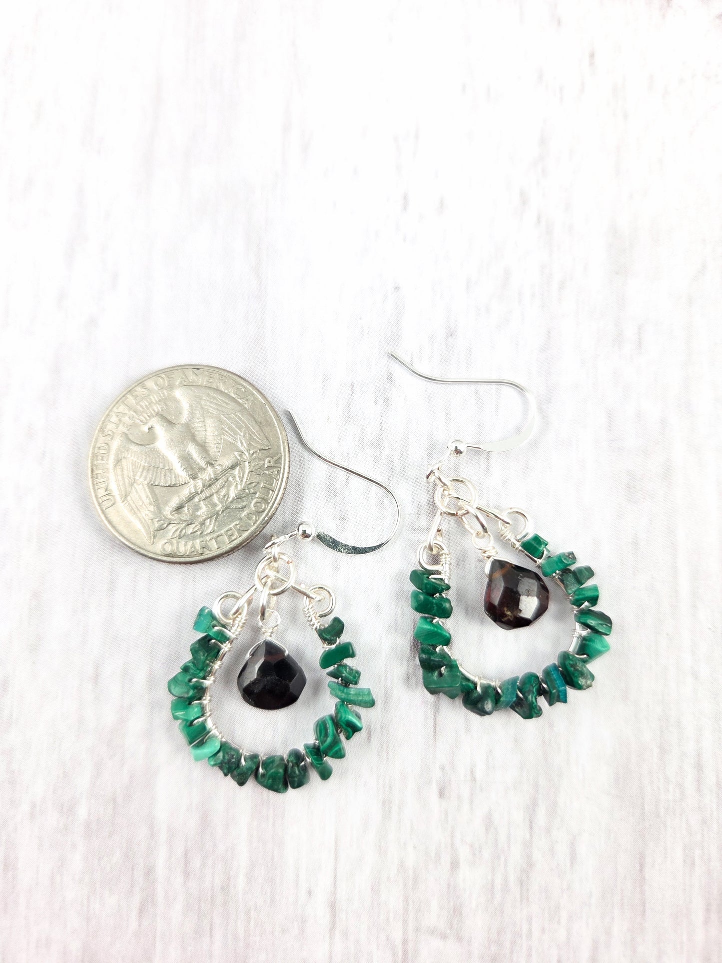 Malachite Chip and Garnet Briolette Wrapped Chandelier Earrings