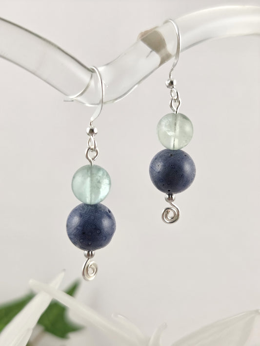 Blue Coral and Green Fluorite Bead Dangle Earrings