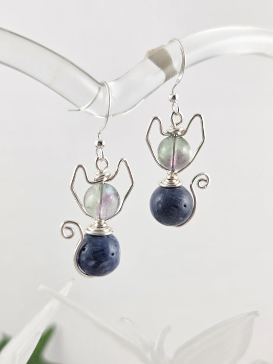 Fluorite and Blue Coral Sphynx Cat Earrings
