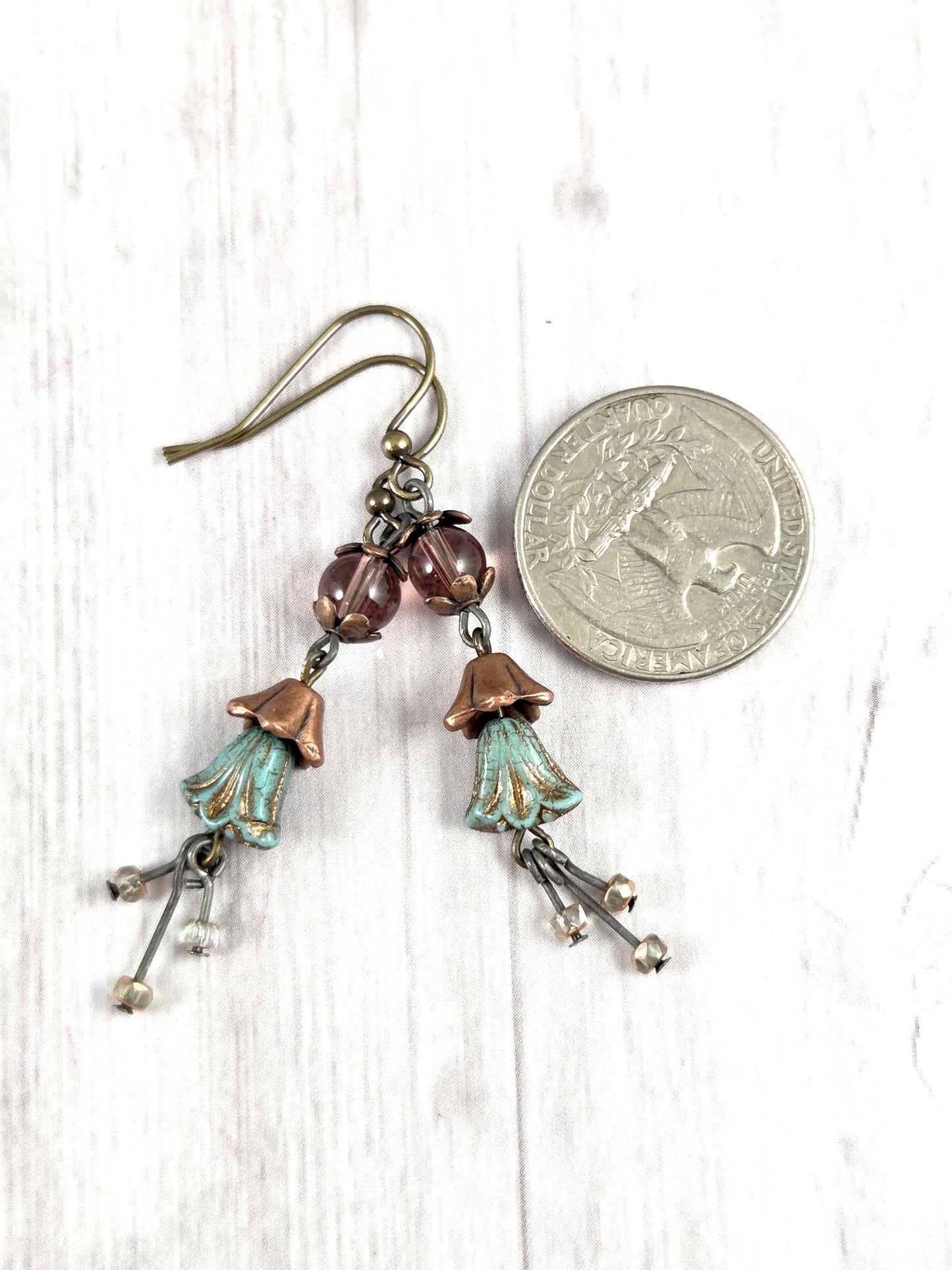 Purple, Aqua, and Copper Flower Dangle Earrings