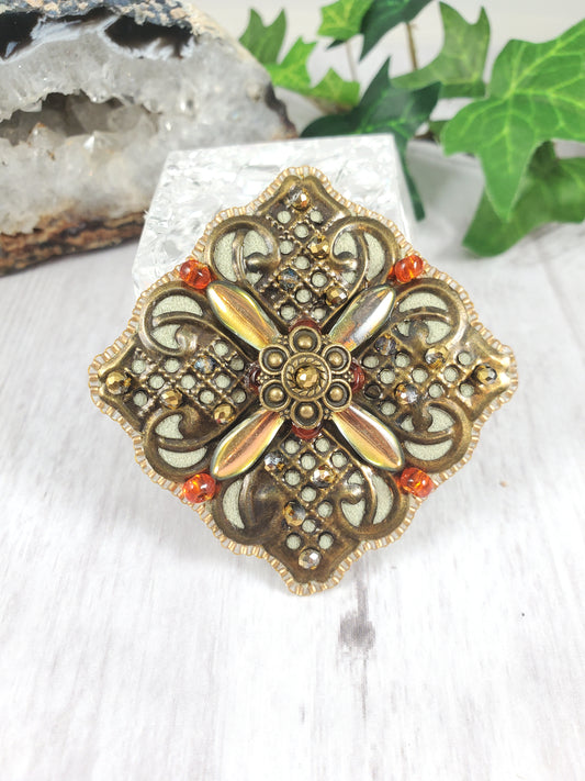 Fancy Brass Filigree Bead Embroidered Brooch with Orange and Metallic Accents