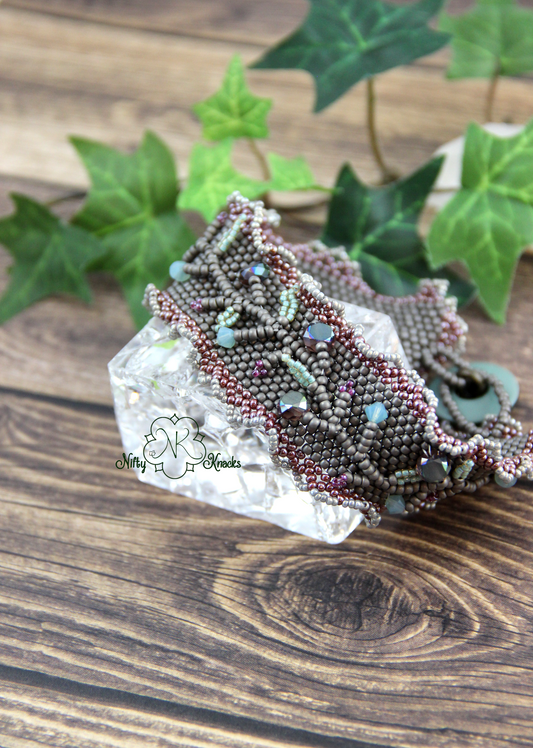 Ruffled Vine Cuff Bracelet with Swarovski Crystals & Antique Button Purple Grey Green