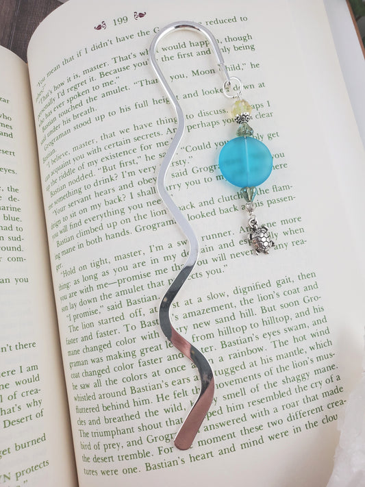 Silver and Blue Turtle Sea Glass Bookmark