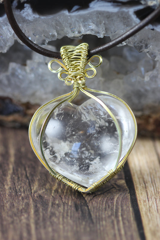 Champagne Gold Wrapped Clear Quartz Heart Pendant Necklace