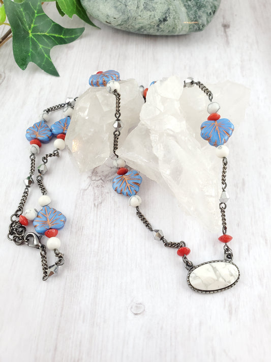 Red Coral, White Howlite, and Blue Czech Leaf Necklace