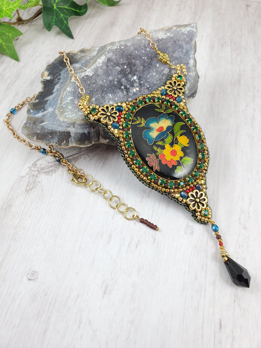 Vintage Japanese Flower Cloisonne Bead Embroidered Necklace