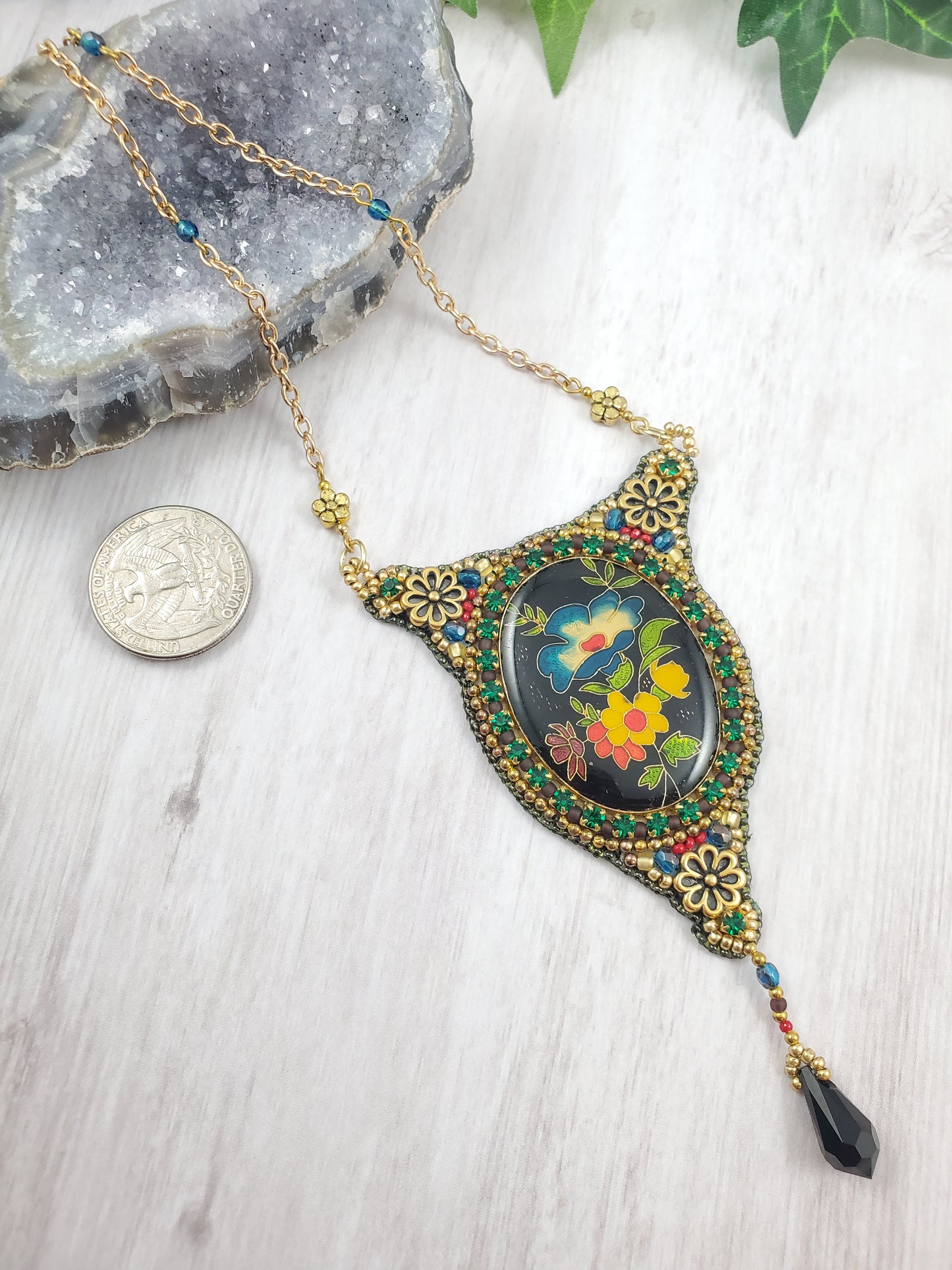 Vintage Japanese Flower Cloisonne Bead Embroidered Necklace