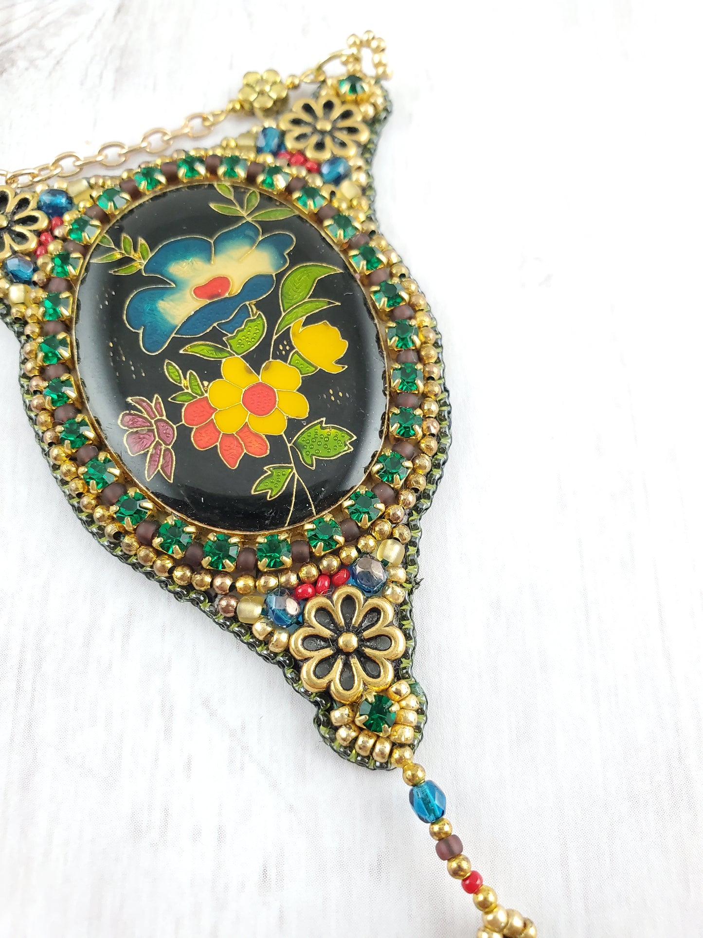 Vintage Japanese Flower Cloisonne Bead Embroidered Necklace