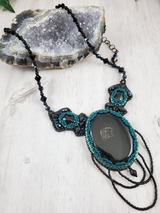 Black Druzy Agate and Teal Goth Bead Embroidered Statement Necklace