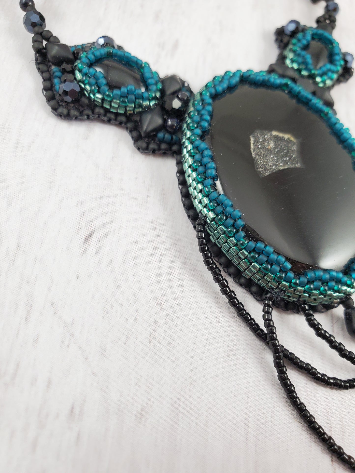 Black Druzy Agate and Teal Goth Bead Embroidered Statement Necklace