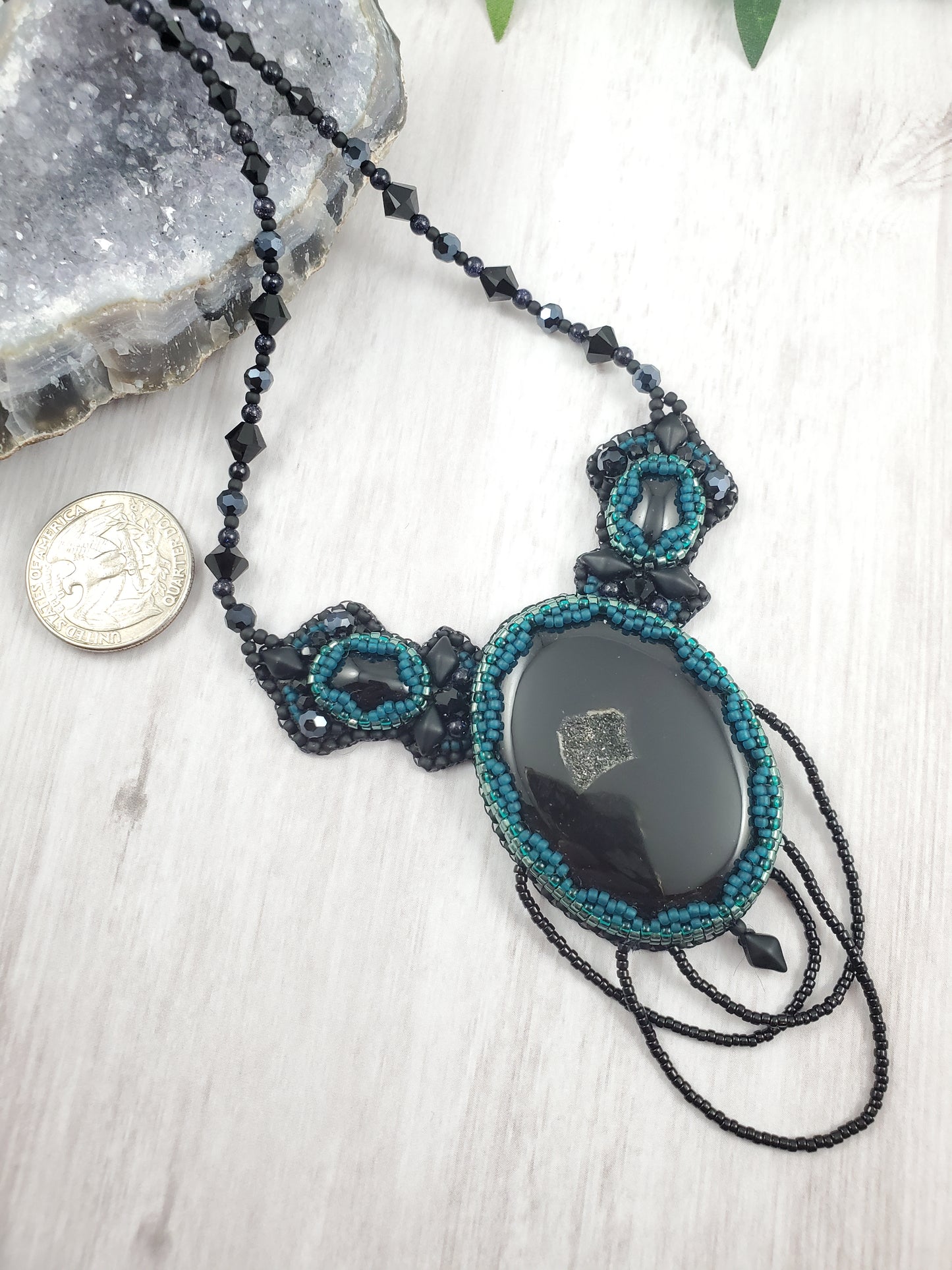 Black Druzy Agate and Teal Goth Bead Embroidered Statement Necklace