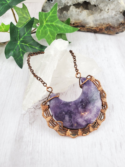 Purple Lepidiolite and Copper Crescent Moon Pendant Necklace