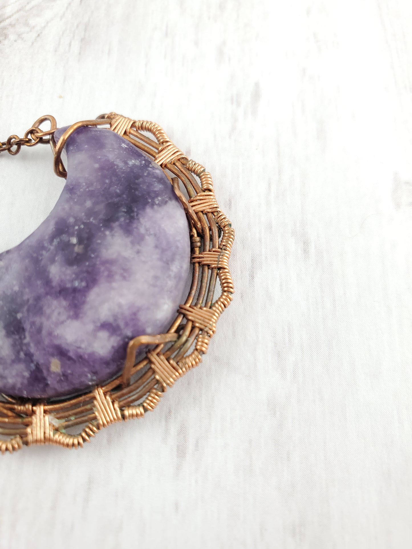 Purple Lepidiolite and Copper Crescent Moon Pendant Necklace