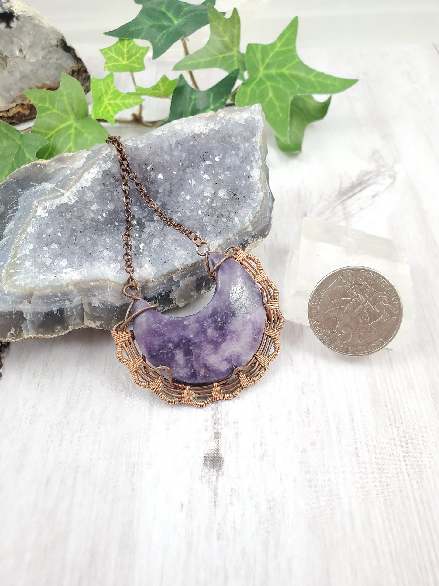 Purple Lepidiolite and Copper Crescent Moon Pendant Necklace