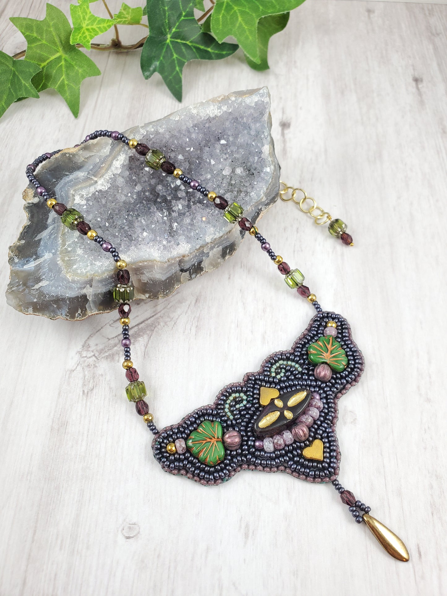 Art Nouveau Style Vineyard Bead Embroidered Necklace