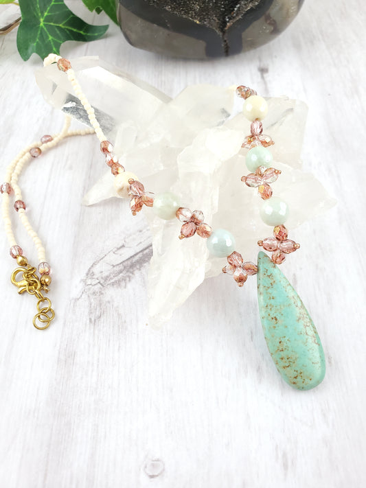 Cream, Wine and Turquoise Teardrop Pendant Necklace