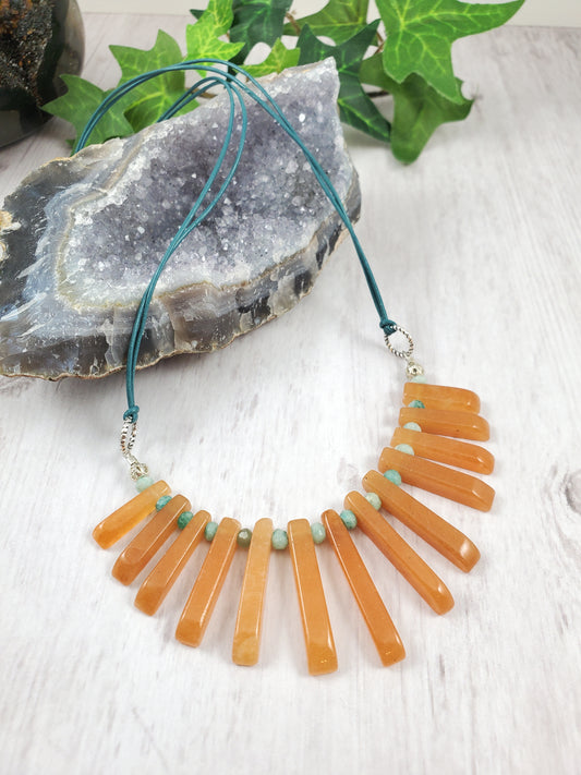 Teal and Orange Red Adventurine Fan Bib Necklace