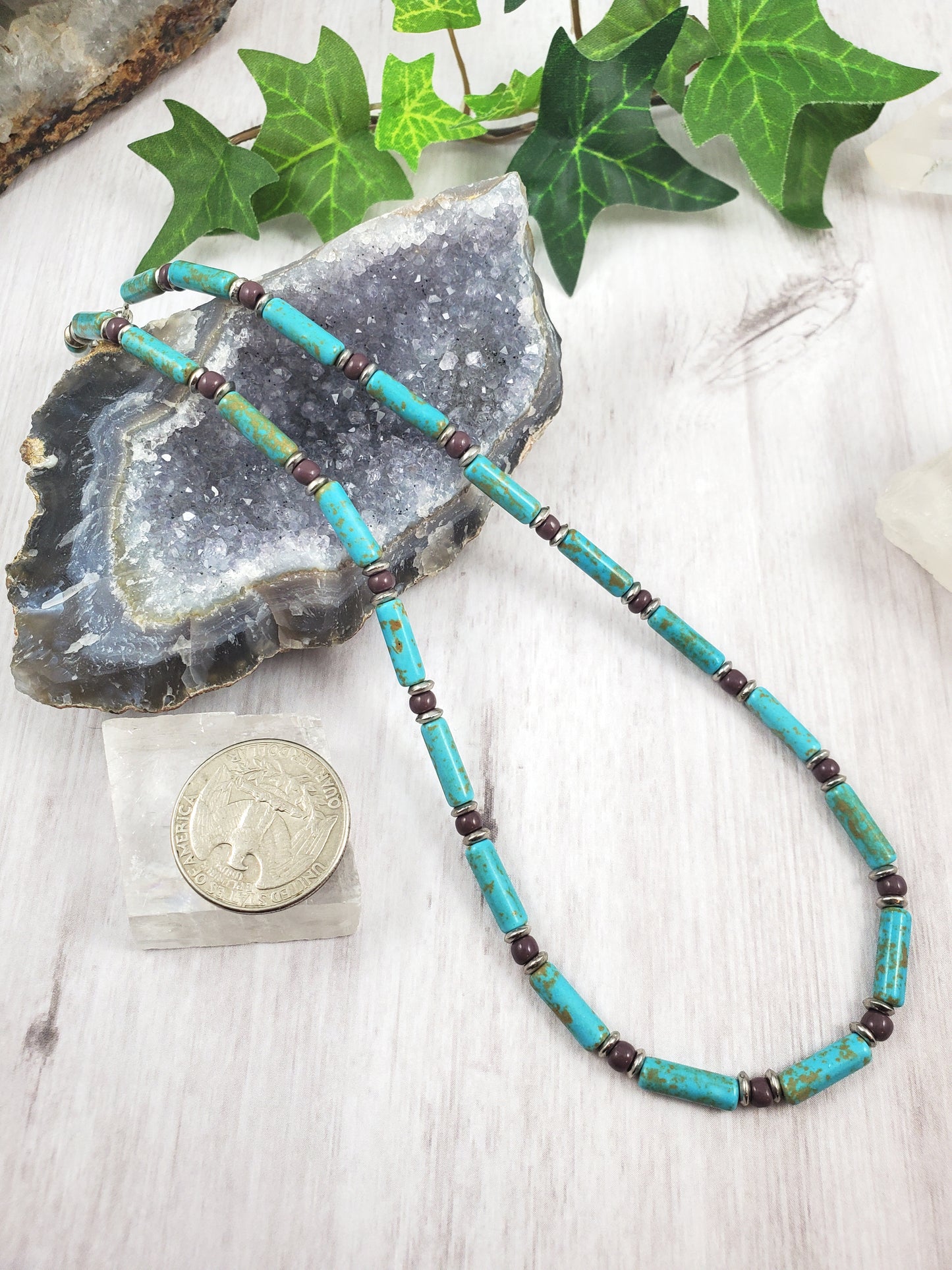 Turquoise, Purple and Silver Beaded Unisex Necklace