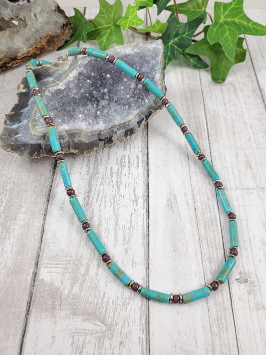 Turquoise, Purple and Silver Beaded Unisex Necklace