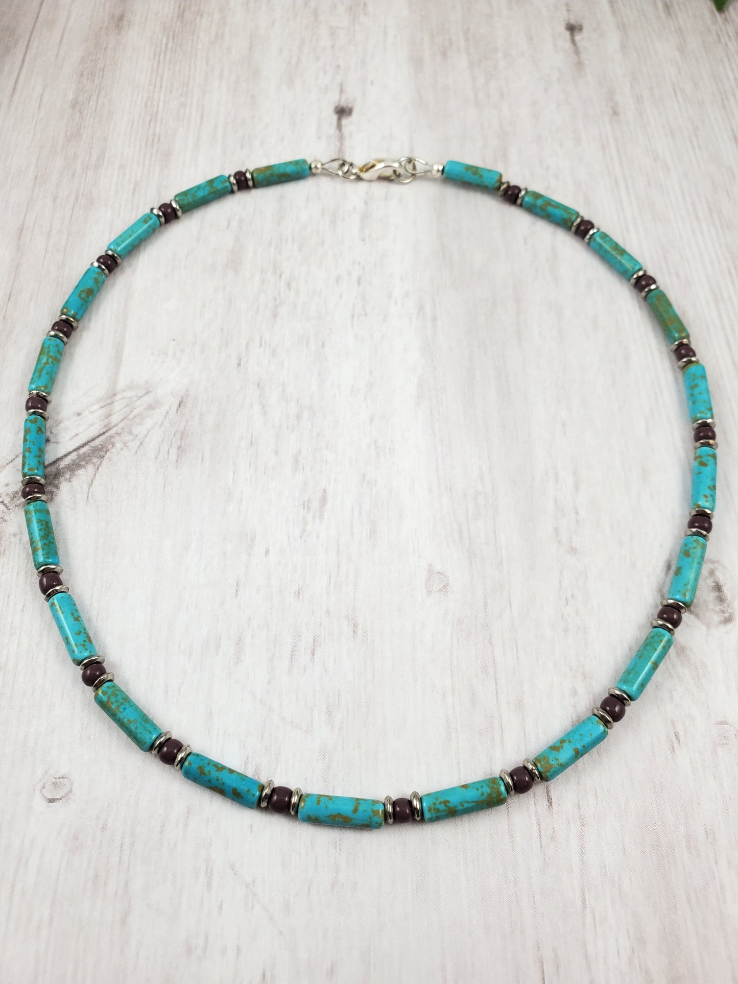 Turquoise, Purple and Silver Beaded Unisex Necklace