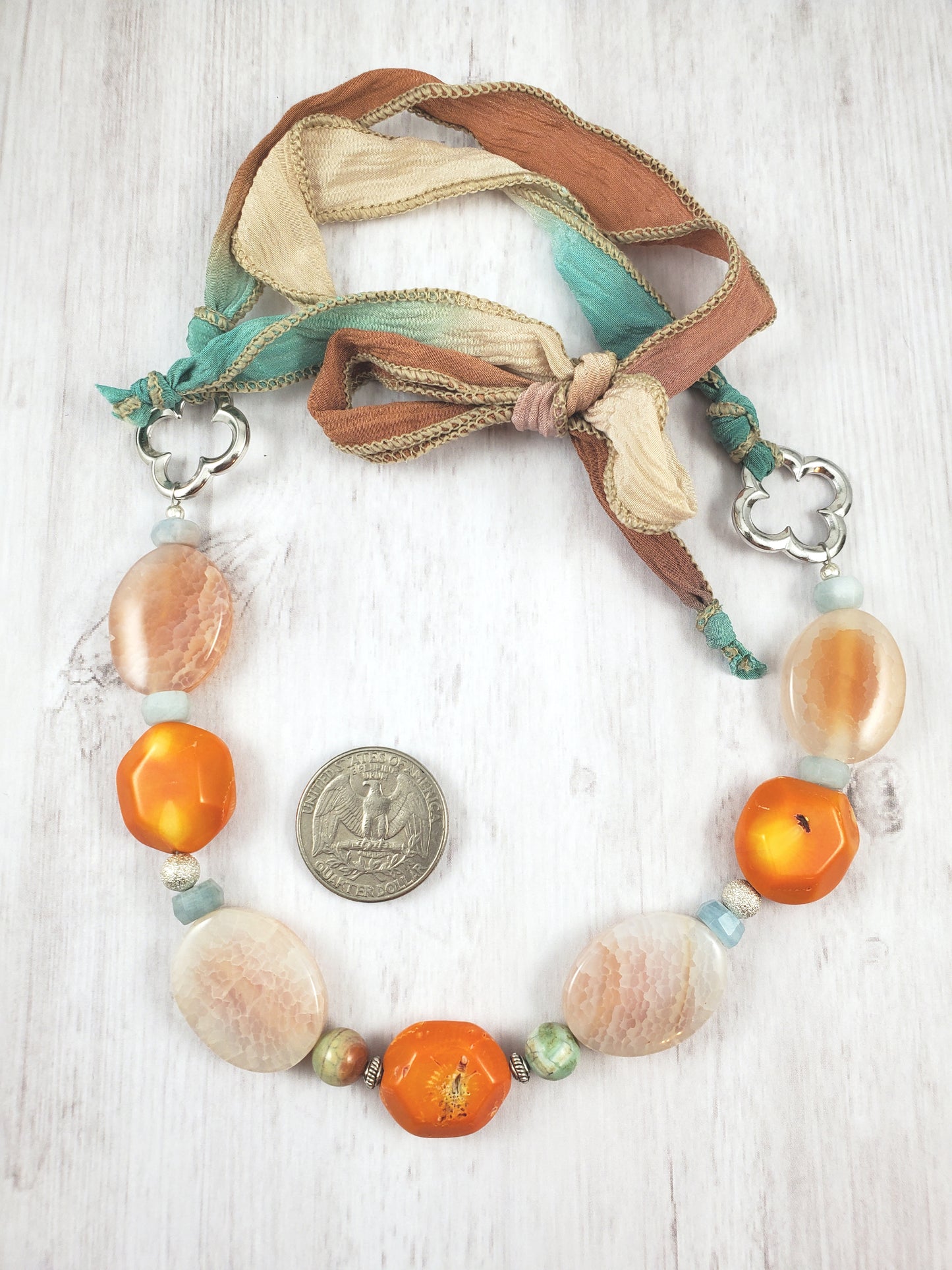 Orange, Aqua and Silver Agate and Coral Silk Ribbon Necklace