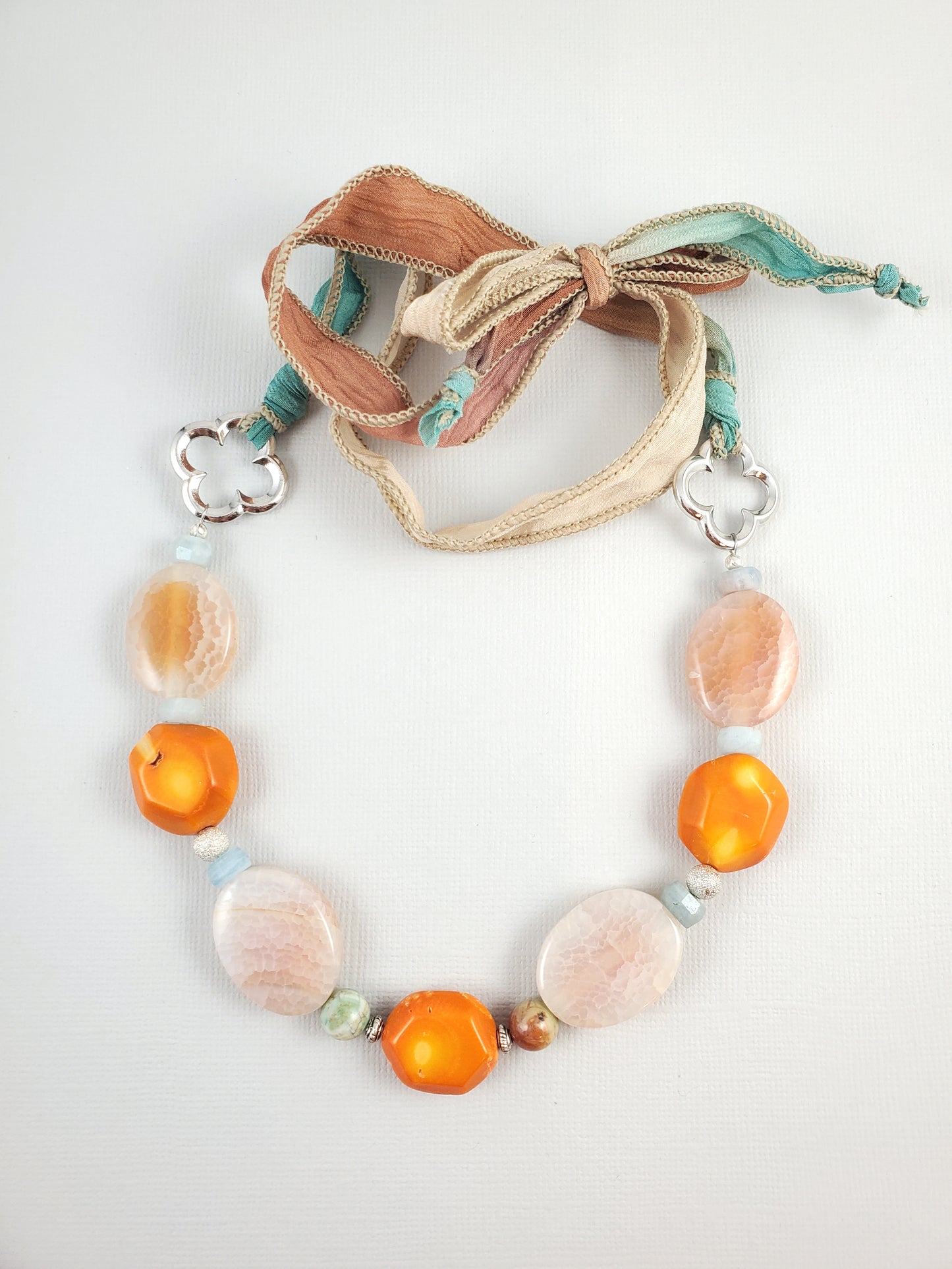 Orange, Aqua and Silver Agate and Coral Silk Ribbon Necklace