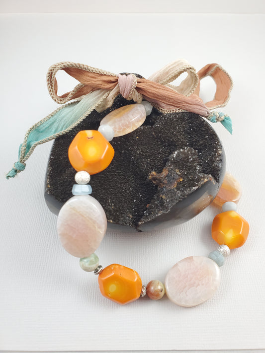 Orange, Aqua and Silver Agate and Coral Silk Ribbon Necklace