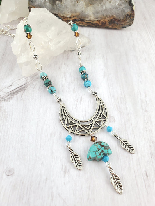 Silver and Turquoise Bear Fetish Moon Necklace