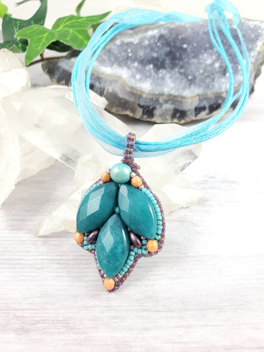 Teal, Coral and Purple Jade Bead Embroidered Pendant Necklace