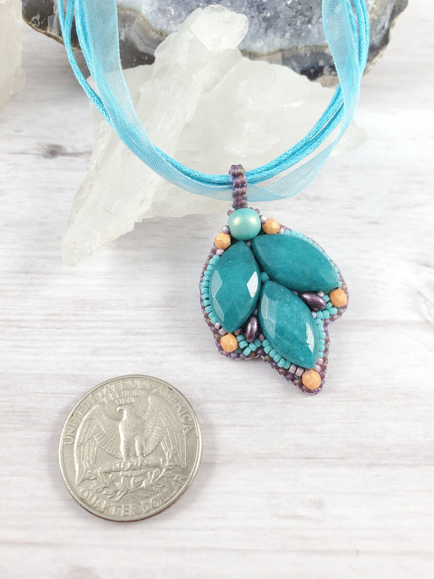 Teal, Coral and Purple Jade Bead Embroidered Pendant Necklace