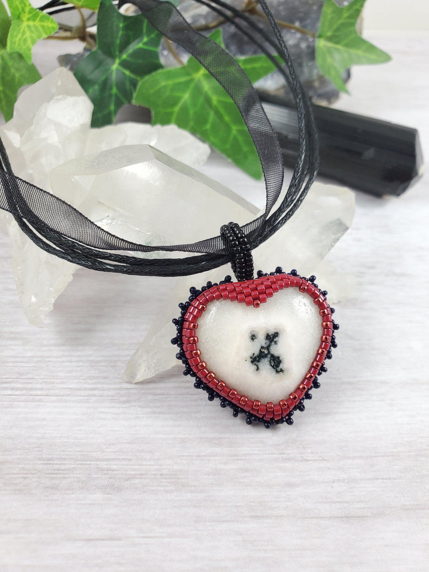 Bead Embroidered Black, White and Red Bold Heart Pendant