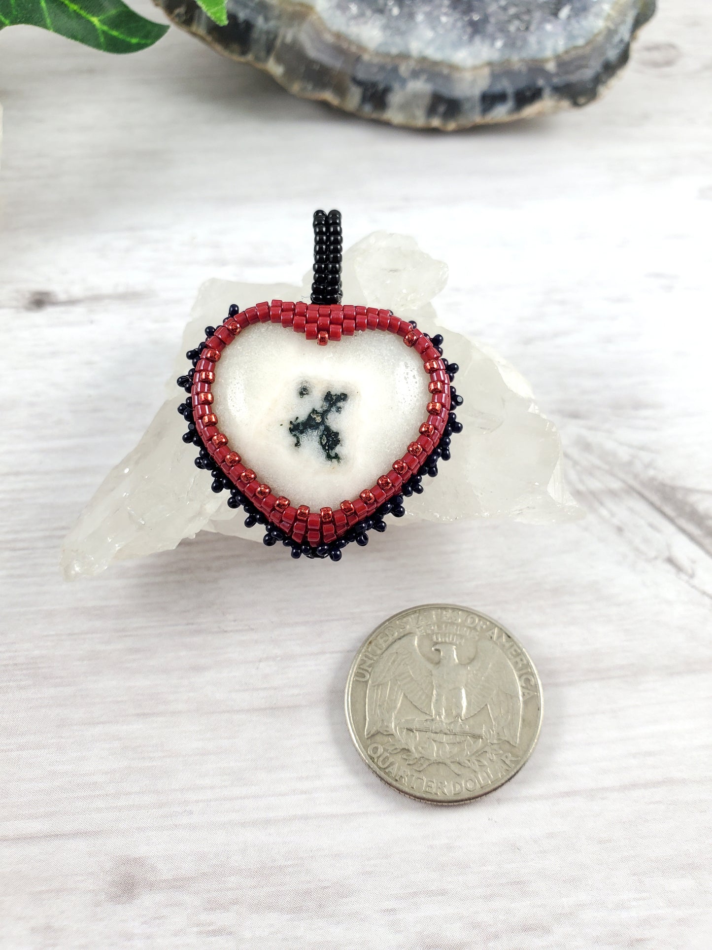 Bead Embroidered Black, White and Red Bold Heart Pendant