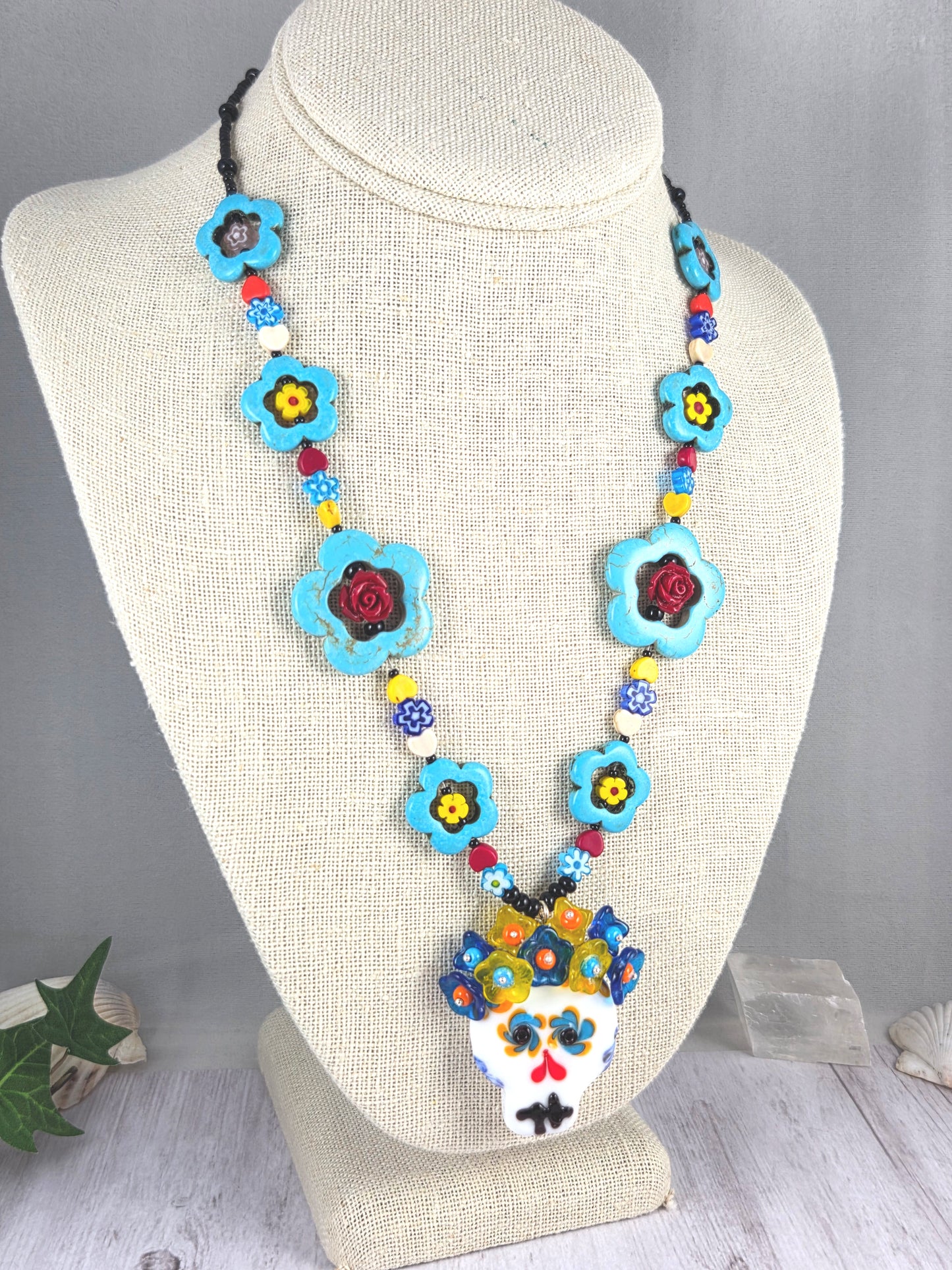 Colorful Floral Dia de los Muertos Lampwork Sugar Skull Statement Necklace