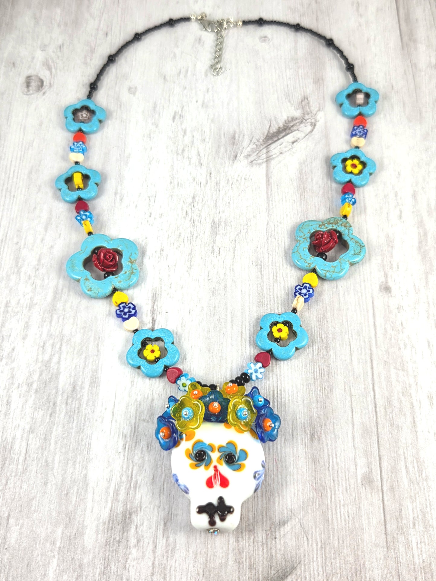 Colorful Floral Dia de los Muertos Lampwork Sugar Skull Statement Necklace
