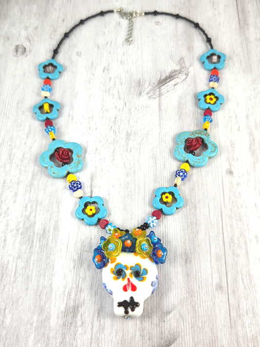 Colorful Floral Dia de los Muertos Lampwork Sugar Skull Statement Necklace
