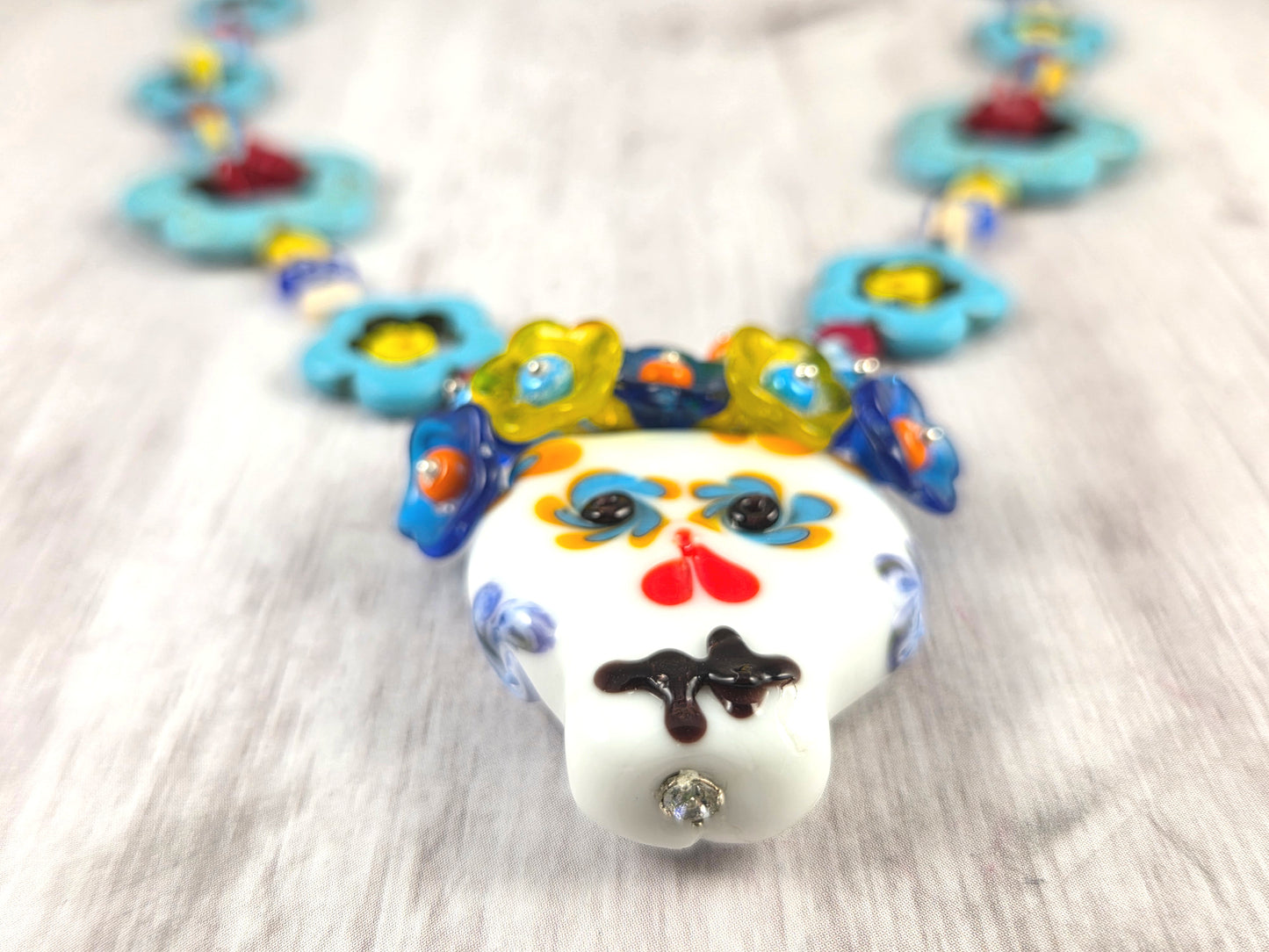 Colorful Floral Dia de los Muertos Lampwork Sugar Skull Statement Necklace