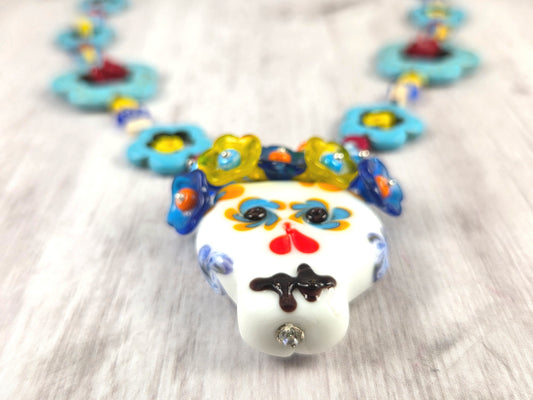 Colorful Floral Dia de los Muertos Lampwork Sugar Skull Statement Necklace