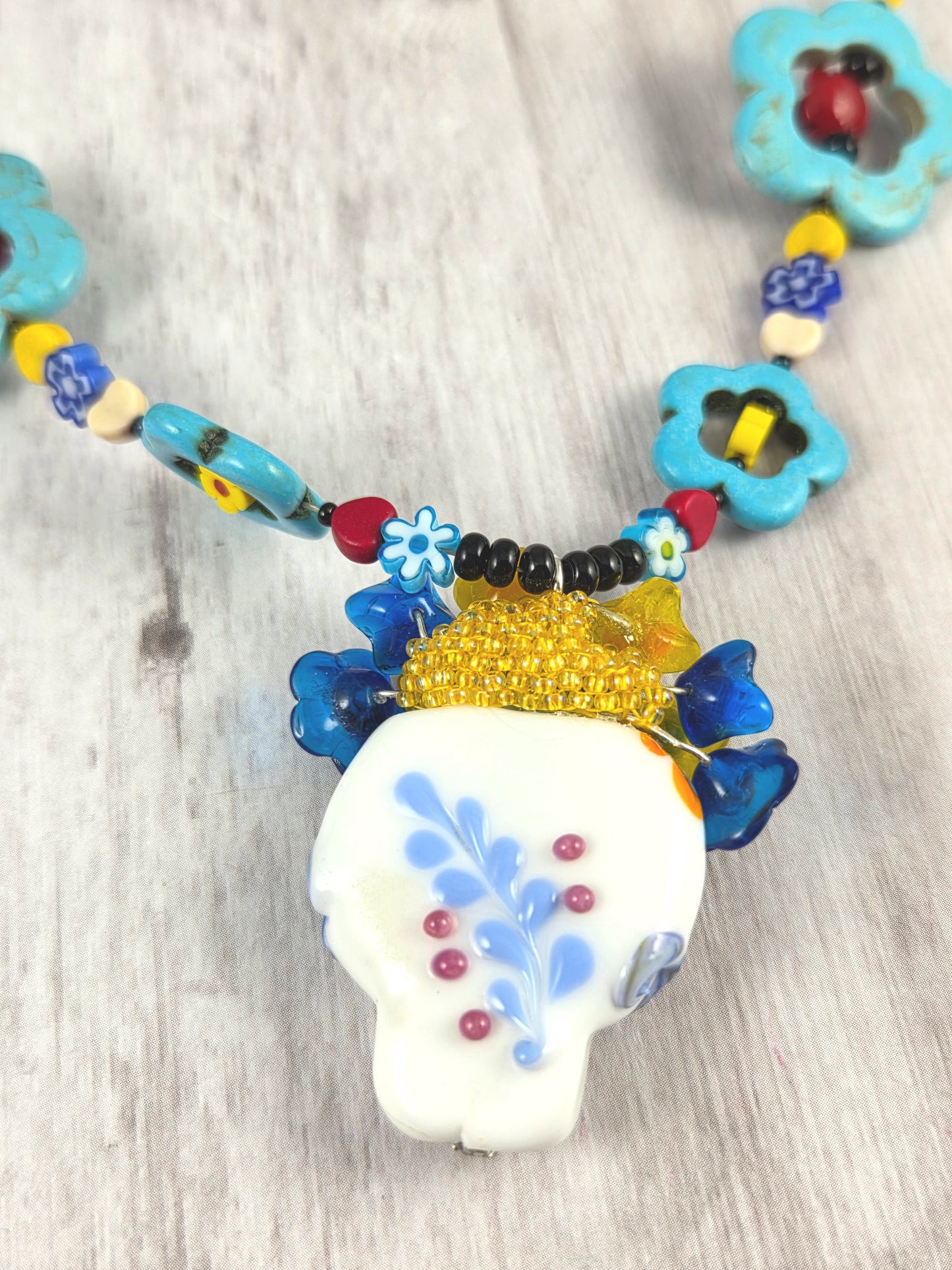Colorful Floral Dia de los Muertos Lampwork Sugar Skull Statement Necklace